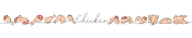 istock Chicken meat set one line colored continuous drawing. Raw chicken meat parts continuous one line illustration. Vector minimalist linear illustration. 1486270923