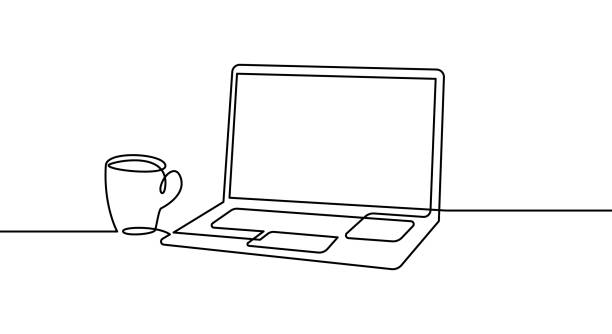 illustrations, cliparts, dessins animés et icônes de dessin au trait continu d’un ordinateur portable et d’une tasse de café ou de thé. illustration d’icônes linéaires vectorielles - dessin au trait continu