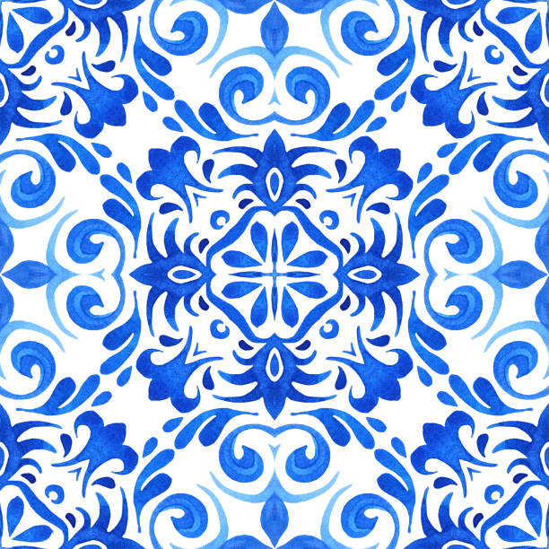 istock Watercolor blue damask hand drawn floral design. Persian abstract flower background. Seamless mediterranean pattern 1486275532