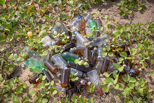 Trincomalee, North Western Province, Sri Lanka - March 3rd 2023: Empty bottles collected at the waterfront and left in a pile close to the beach