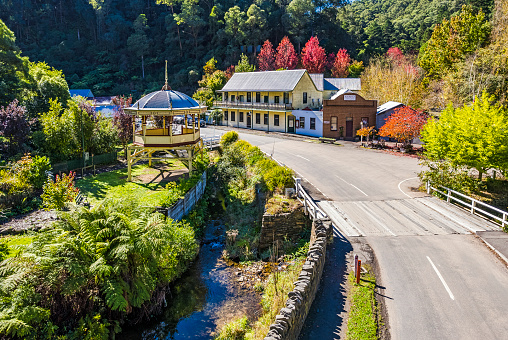 Elevated view of Walhalla's Star Hotel with vibrant autumn colours, paved main road, creek with water after rain, historic band rotunda, lush green foliage in remote Gippsland valley. The Star hotel is a replica of the original hotel and associated buildings that once stood on this site. 4 maple trees with glow red behind the hotel.