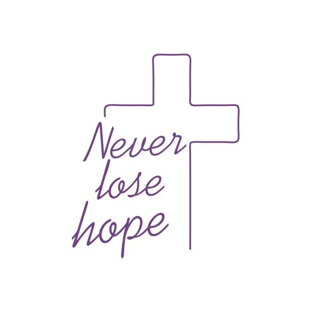 ilustrações de stock, clip art, desenhos animados e ícones de cross and never less hope text in thin lines style - cross cross shape christianity hope