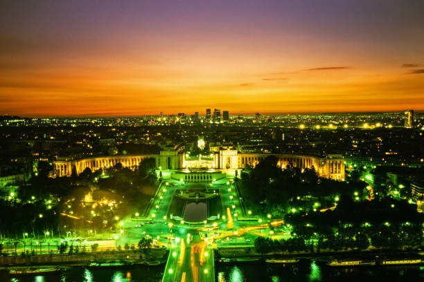 View from the Eiffel tower at the night skyline in Paris