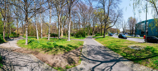 The Tiergarten park (Großer Tiergarten) in a sunny spring day. Blue sky is on the background.