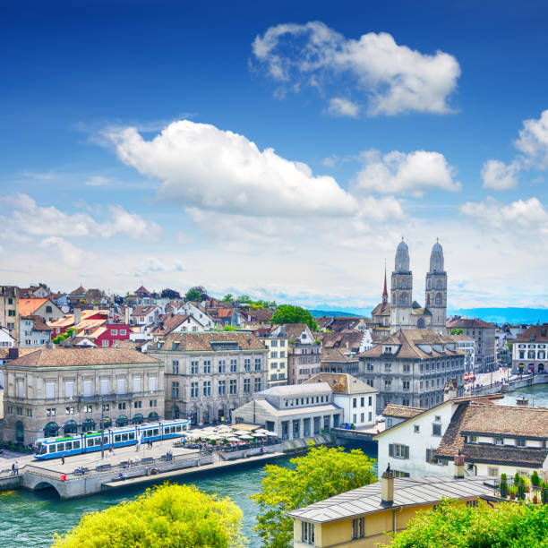 Zurich sightseeing Great Minster Cathedral (Grossmunster) and river Limmat. Composite photo