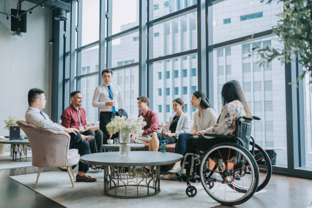 diversify asian seminar participants casual chat after successful conference event at lounge - board room business conference table window imagens e fotografias de stock