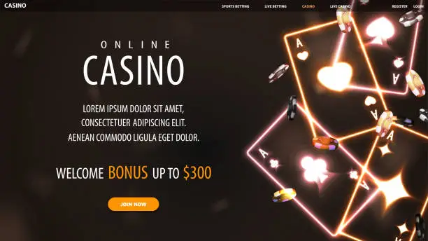 Vector illustration of Online casino, banner for website with offer, gold neon casino playing cards and poker chips on black background