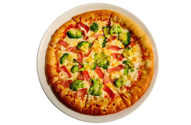 Ham, Jambon, Broccoli Mozzarella Cheese Pizza High Resolution Stock Photo Cut Out White Background stock photo