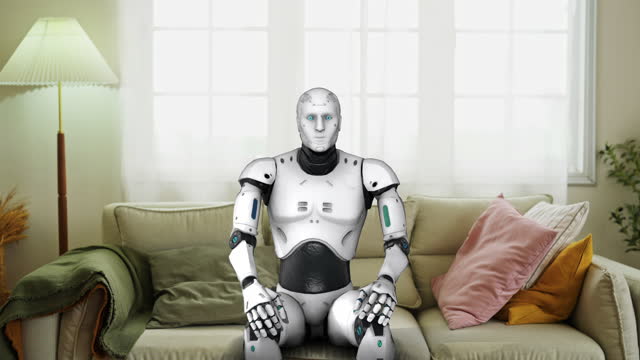 Robotic cyborg droid machine learning human mankind lonely sitting on sofar on futuristic imagination technology concept