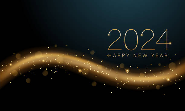 2024 neues jahr mit abstrakt glänzender farbe goldwelle designelement und glitzereffekt auf dunklem hintergrund. für kalender, poster-design - neujahr stock-grafiken, -clipart, -cartoons und -symbole
