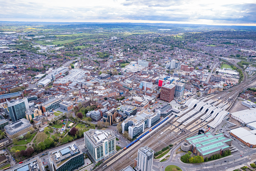 amazing view of the Railway and Downtown Reading, Berkshire, South England, United Kingdom, daytime, Spring