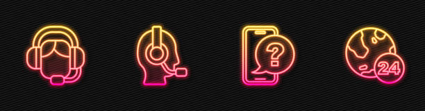 istock Set line Telephone 24 hours support, Woman with a headset, Man and . Glowing neon icon. Vector 1486292135