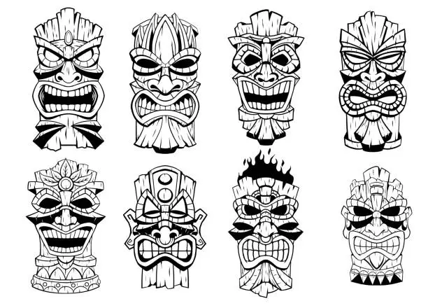 Vector illustration of Tiki Mask Set Collection in Black and White hand drawn