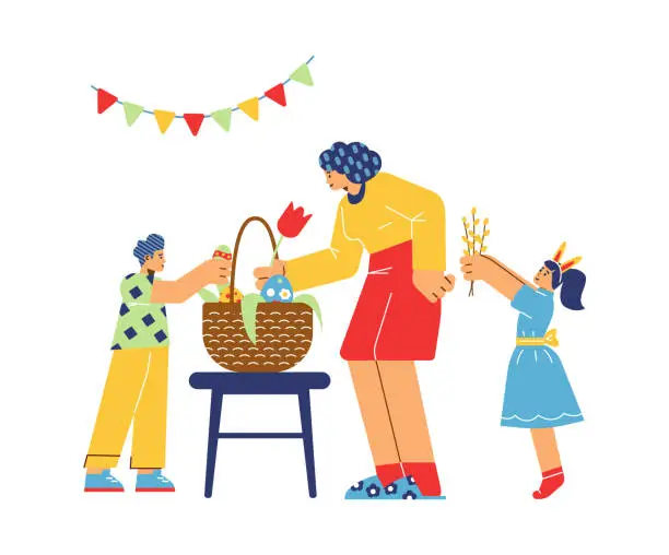 Vector illustration of Children helping mother to arrange Easter basket, flat vector illustration isolated on white background.