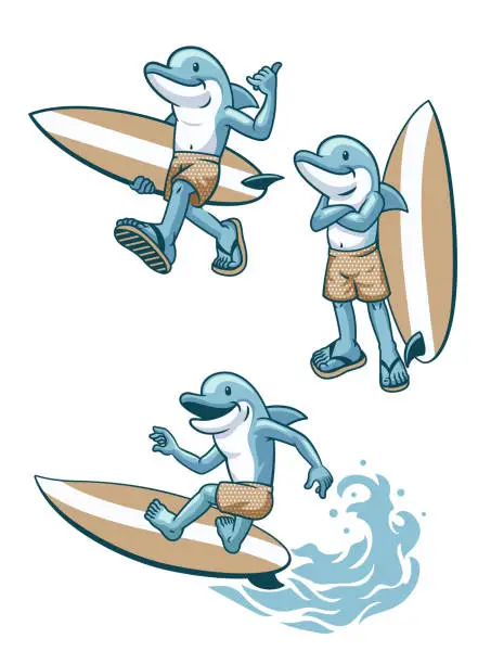 Vector illustration of Dolphin Surfer Set in Cartoon Style