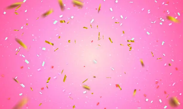 Vector illustration of Golden and colorful confetti sparkles on pink background