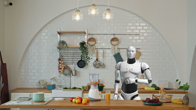 Robotic cyborg droid machine learning human mankind stand in modern kitchen action like drinking juice on futuristic imagination technology concept