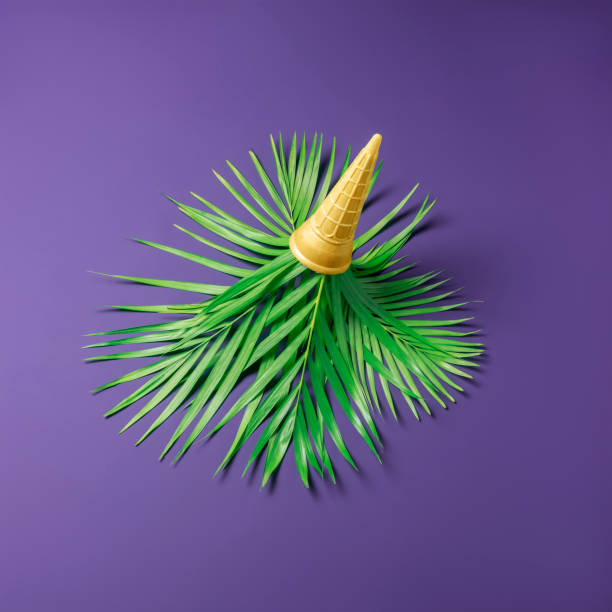 istock Palm leaves in a waffle cone upside down on a purple background. Creative summer or spring concept. 1486298902
