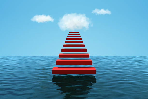 Modern minimal abstract background, seascape with red pantones and white clouds. 3d render.