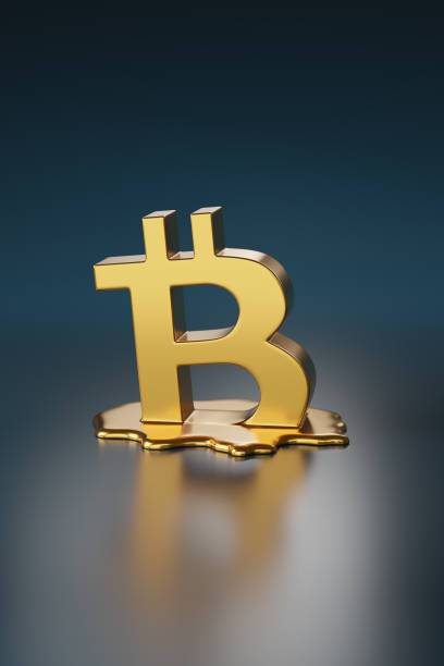 istock Golden bitcoin symbol melting on dark background. 3d illustration. 1486299900