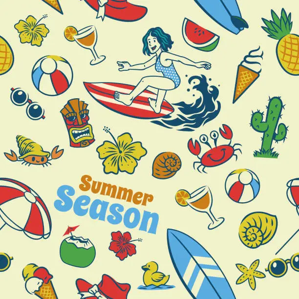 Vector illustration of Seamless Pattern Beach Surfing Girl Summer