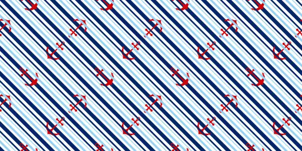 Vector illustration of Summer pattern. Red anchors and navy blue diagonal stripes, lines, marine, sailor style seamless pattern design. Nautical geometric background
