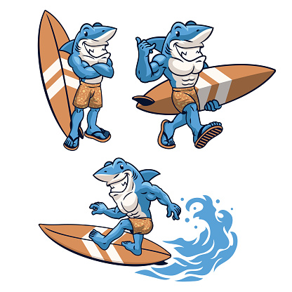 Vector of Cartoon set of Vintage Shark Surfing
