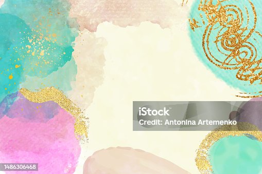 istock Luxury wallpaper design with pink, blue splash, line art, golden texture. Vector watercolor background. Editable 1486306468