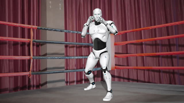 Robotic cyborg droid machine learning human mankind stage boxing on futuristic imagination technology concept