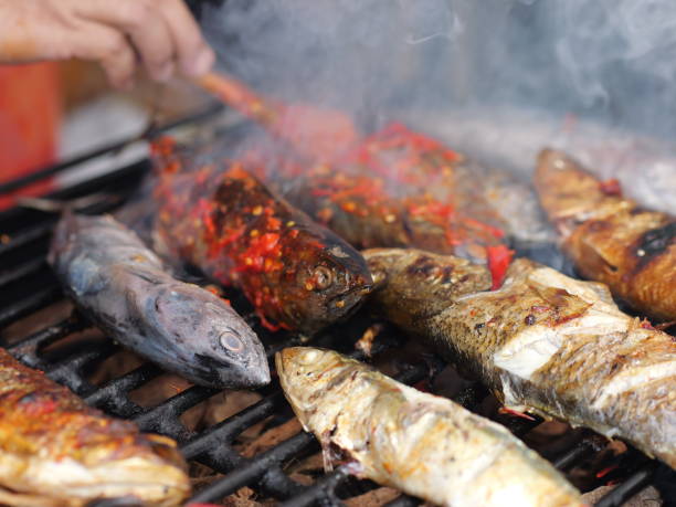 istock Selective focus of cooking fish. Baking and roasting marinated fish on barbecue grill. Thunnini grilled over charcoal. Summer barbeque hand marinade the fish. 1486311161