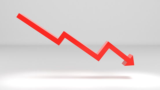Red arrow showing declining business turnover on white background,3d rendering