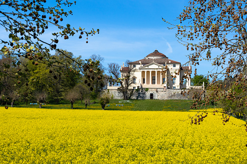 Vicenza, Italy - april, 10 , 2023 : Villa La Rotonda by the famous architect Andrea Palladio in the spring version immersed in the yellow of the rapeseed