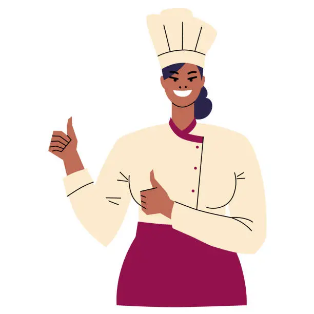 Vector illustration of Female chief cook isolated on white. Dark-skinned female chef showing thumbs up with both hands. Gestures agree, cool, the best.  Smiling woman in toque and uniform. Flat vector.