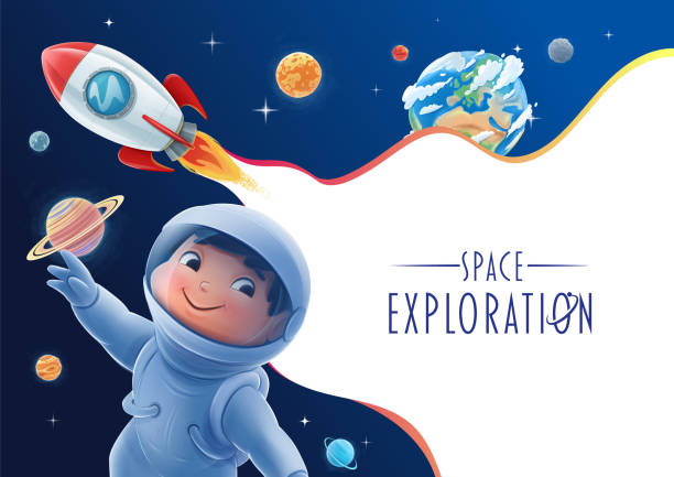 illustrazioni stock, clip art, cartoni animati e icone di tendenza di esplorazione spaziale con bambini astronauti pianeti stelle e razzi - mercury rocket