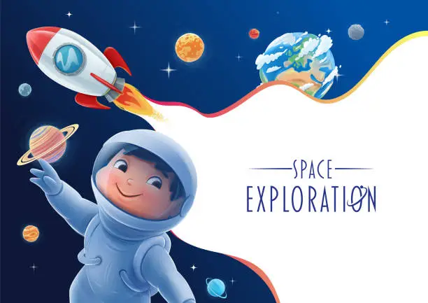 Vector illustration of space exploration with child astronaut planets stars and rocket