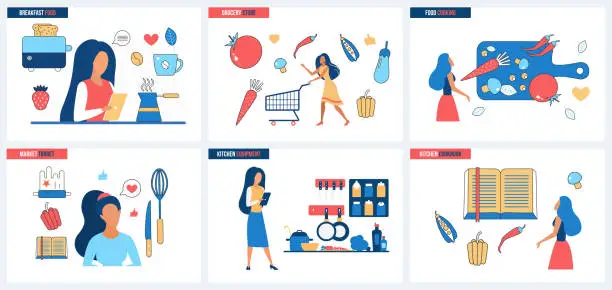 Vector illustration of Cooking, shopping in grocery store set, female characters cook homemade food recipes