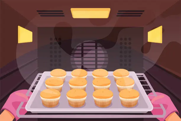 Vector illustration of Hands of baker in kitchen mitts taking out tray of cakes from baking oven