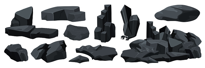 Charcoal black rocks and stones set vector illustration. Cartoon piles of natural boulders, small and big granite blocks and rough materials, solid pebbles gravel heap, broken cliff isolated on white