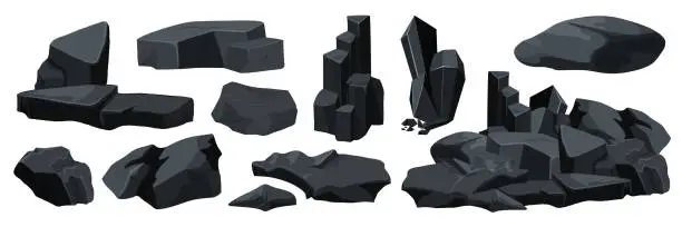 Vector illustration of Charcoal black rocks and stones set