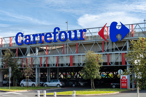 Anglet, France - April 26, 2023: Exterior view of the Carrefour hypermarket located in the BAB2 shopping center in Anglet, France