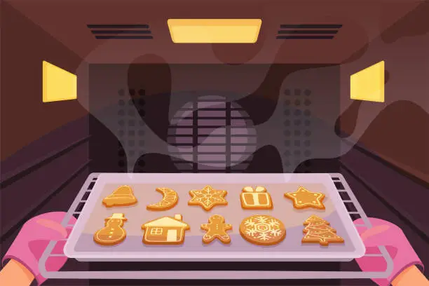 Vector illustration of Hands of baker in kitchen mitts taking out tray of gingerbread cookies from baking oven
