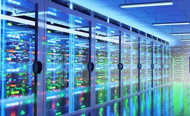 istock Interior of Big Modern server room with rows of rack cabinets, data centre or mining farm interior with beautiful neon lights reflections. 1486318899