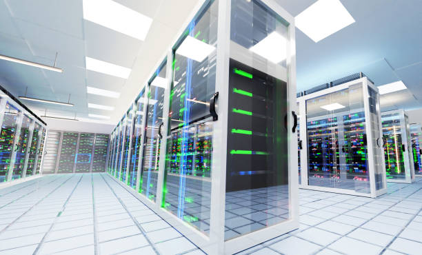 istock Interior of Big Modern server room with rows of rack cabinets, data centre or mining farm interior with beautiful neon lights reflections. 1486318902