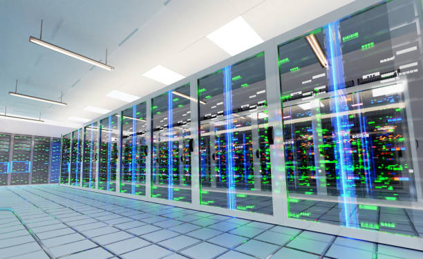 istock Interior of Big Modern server room with rows of rack cabinets, data centre or mining farm interior with beautiful neon lights reflections. 1486318904
