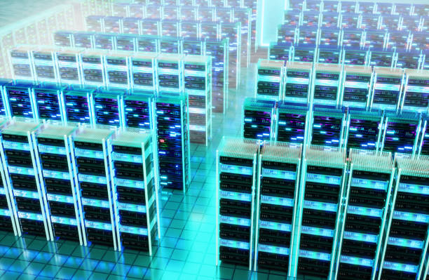 istock Interior of Big Modern server room with rows of rack cabinets, data centre or mining farm interior with beautiful neon lights reflections. 1486318992