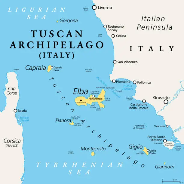 Vector illustration of Tuscan Archipelago, Italian island chain between Corsica and Tuscany, political map