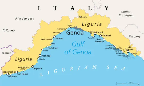 Vector illustration of Liguria and the Italian Riviera, the Ligurian Riviera, political map