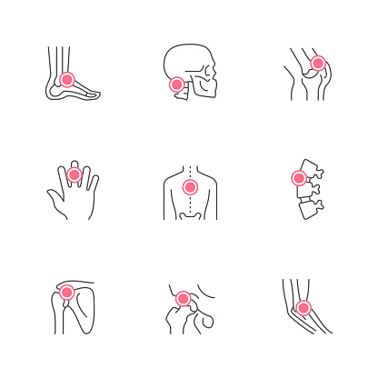 Set color icons of joint pain isolated on white. Arthritis, rheumatism, osteoporosis, back or neck ache, orthopedic problem. Vector illustration