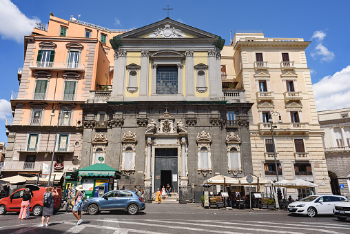 Naples, Italy. View of the facade of the Church of San Ferdinando in Piazza Trieste e Trento. 2022-08-20.