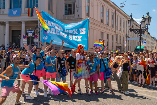 Munich, Germany - 16 July 2022: participants at the annual Christopher street day CSD parade at the old town of Munich
